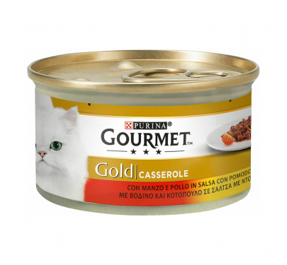 Purina Gourmet Gold Double Casserole Βοδινό & Κοτόπουλο σε Σάλτσα Ντομάτας 85gr