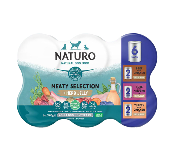 Naturo Adult Grain Free Variety Beef, Pork, Turkey in Herb Jelly 6x390gr