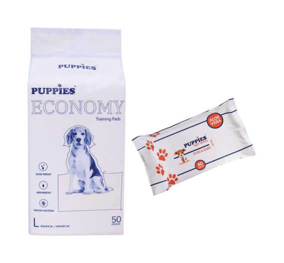 Puppies Εκπαιδευτικές Πάνες L/XL Economy Pack 50τμχ + ΔΩΡΟ Μαντηλάκια Καθαρισμού Μάτια/Αυτιά (40τμχ)